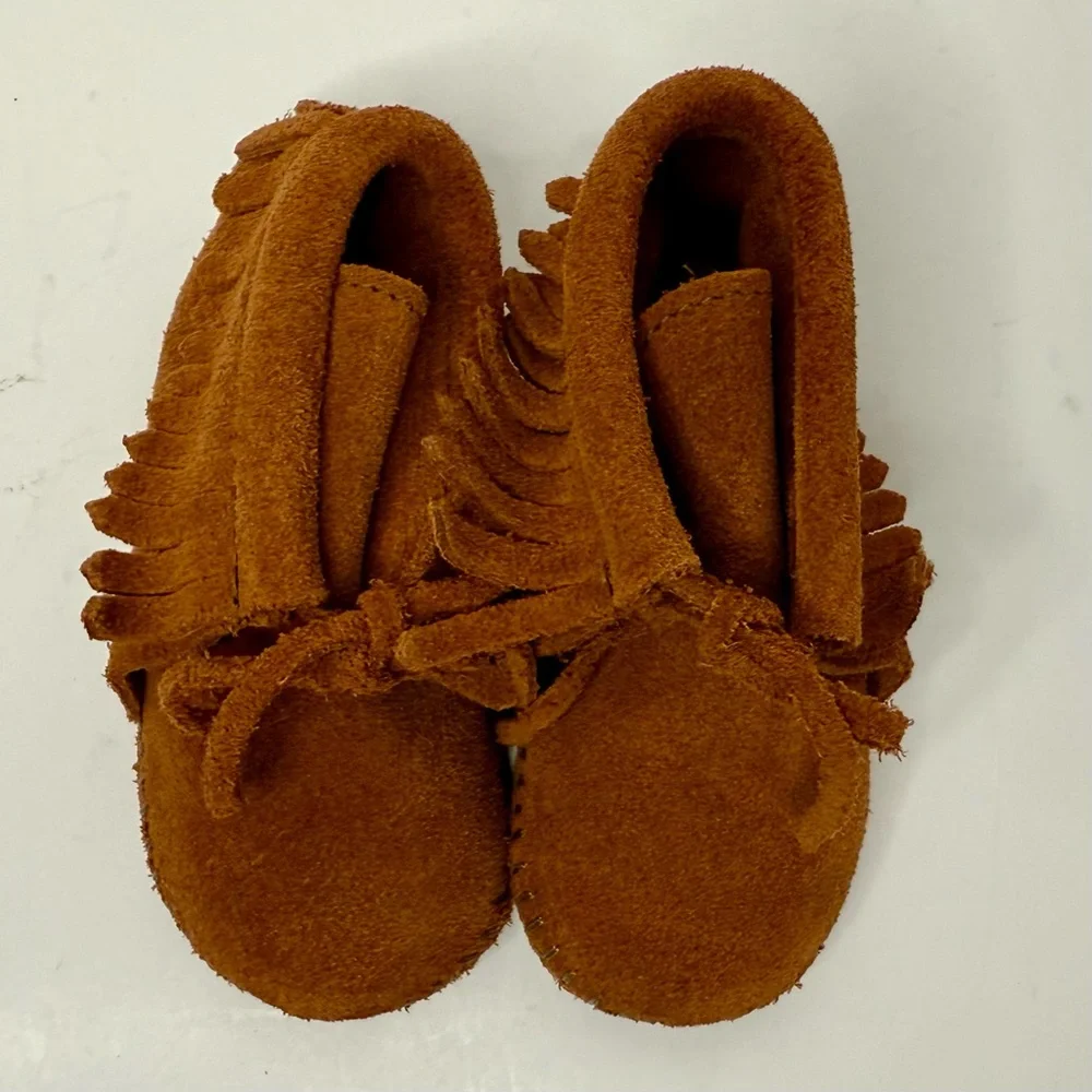 Minnetonka Brown Suede Baby Moccasins with Fringe